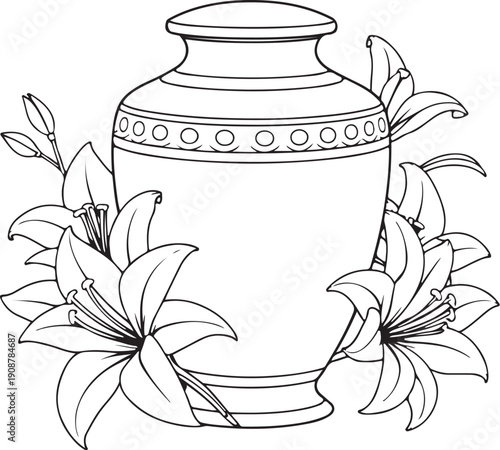 Cremation Urn with Ashes of Deceased and White Lilies Hand-drawn Sketch Drawing Vector Illustration, Line Linear Symbol Engraving for Coloring Book, Black and White, Isolated
