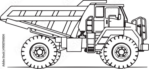 Dump truck Hand-drawn Sketch Drawing Vector Illustration, Line Linear Symbol Engraving for Coloring Book, Black and White, Isolated