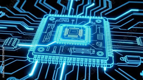 Wallpaper Mural Futuristic Glowing Blue CPU Microprocessor on Digital Circuit Board Torontodigital.ca