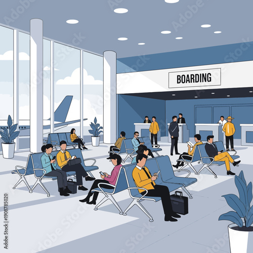 People waiting in airport departure lounge for boarding