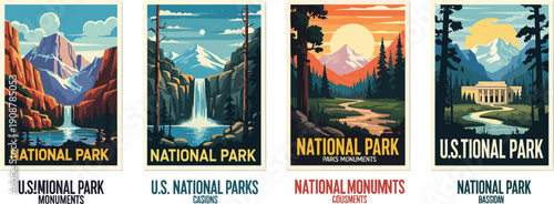 A collection of vintage-style posters showcasing U.S. national parks with diverse landscapes