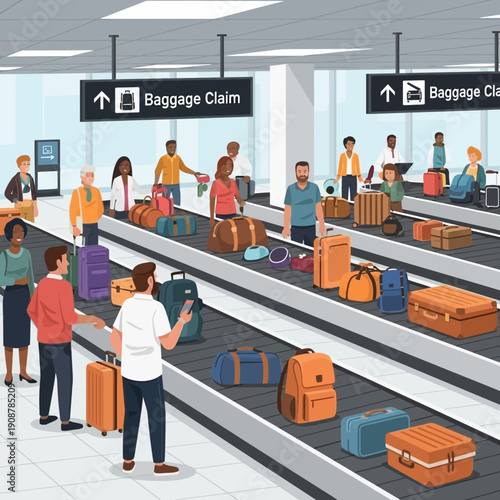 Airport baggage claim area with diverse people and luggage on conveyor belts