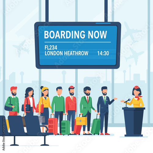 Airport boarding gate with passengers queuing and flight information screen