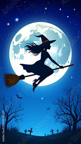 Silhouette of a witch flying on a broom in front of the full moon