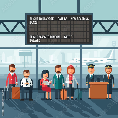 Airport Departure Board with Passengers and Pilots
