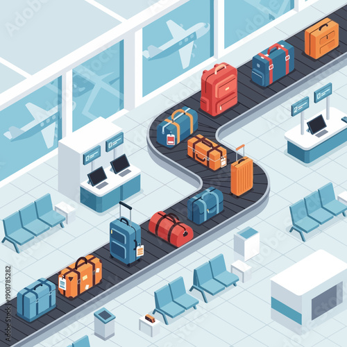 Airport luggage conveyor belt with suitcases, travel concept