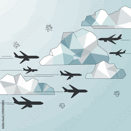 Geometric clouds with airplanes flying in sky