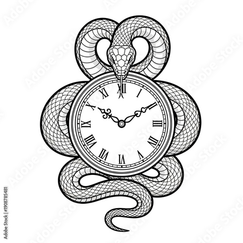 Intricate Serpent Coiled Around a Vintage Pocket Watch with Roman Numerals, Symbolizing Time and Eternity