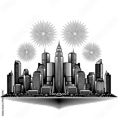 Striking cityscape illustration with vibrant fireworks illuminating the night sky above towering skyscrapers, symbolizing celebration and urban splendor