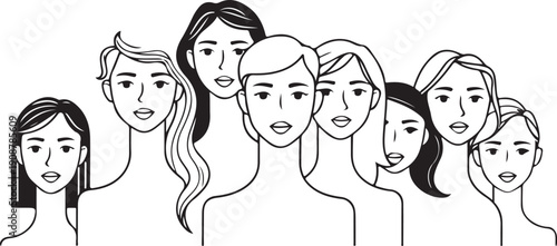 Group of Women Hand-drawn Sketch Drawing Vector Illustration, Line Linear Symbol Engraving for Coloring Book, Black and White, Isolated