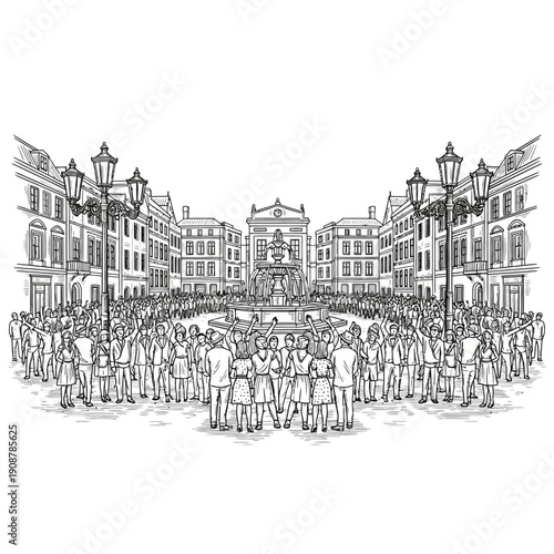 Monochrome illustration of a large crowd gathered in a historic city square, featuring a central fountain and classical architecture, depicting a vibrant urban assembly