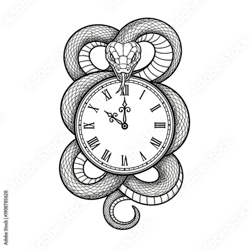 Monochrome illustration of a serpent coiled around a vintage pocket watch with Roman numerals. This intricate design symbolizes time, destiny, and eternal cycles, ideal for tattoo or graphic art
