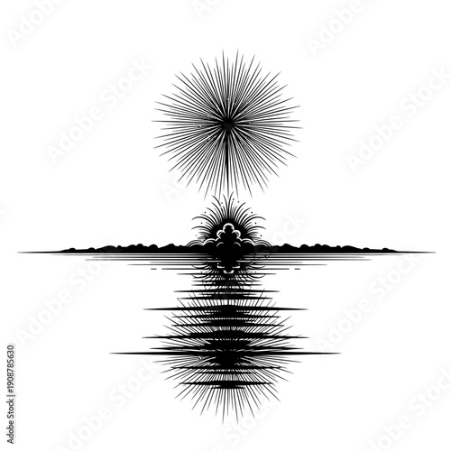 Monochromatic abstract starburst creation reflecting on a calm, dark horizon, illustrating the serene balance of explosive energy and symmetrical duality in artistic form