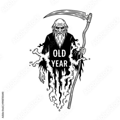 Grim Reaper with Scythe, Representing the Passage of Time and the End of the Old Year with Smoke Effect Illustration