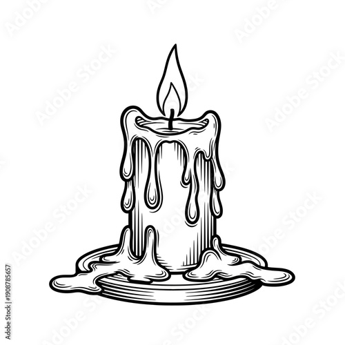 A Lit Candle with Dripping Wax, Illustrating Warmth, Ambiance, and a Touch of Melancholy in a Classic Sketch Style