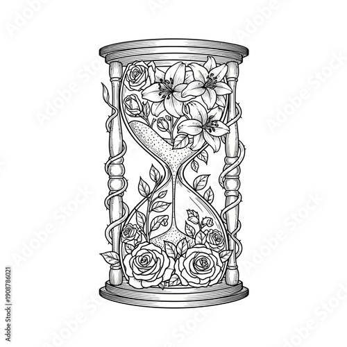 Detailed monochrome illustration of an hourglass adorned with blooming lilies and roses, beautifully symbolizing the elegant passage of time and the enduring beauty found in nature's cycle