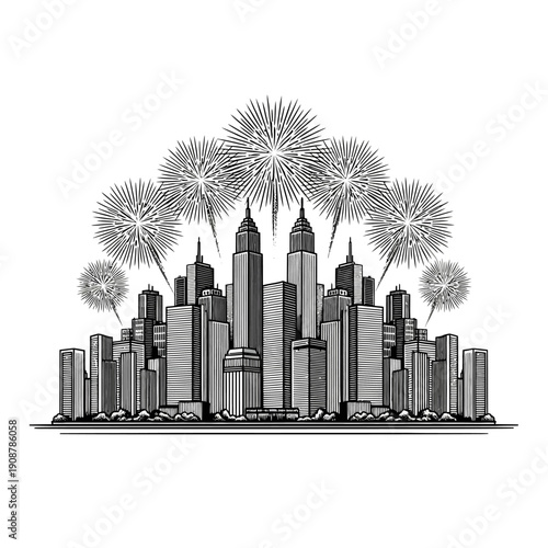 Spectacular urban celebration with a vibrant fireworks display illuminating the majestic city skyline. A festive night scene of modern architecture and celebratory energy