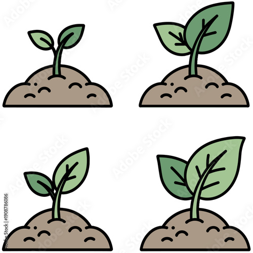 Seedlings leaves grow in soil at different stages icon sheet vector set on transparent background