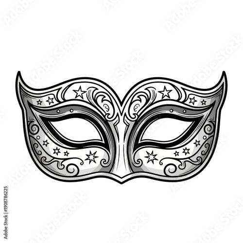 Ornate grayscale masquerade mask illustration for festive celebrations and elegant costume parties, depicting a vintage style Venetian accessory with intricate design elements and star accents