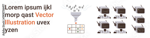 Data science, artificial intelligence, coding, machine learning, robotics, automation. Funnel filtering binary data into structured output. Data science and artificial intelligence concept