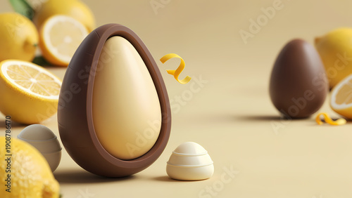 a brown and beige chocolate egg with a cracked open section, a small white chocolate egg, lemon slices, whole lemons, and lemon peel pieces on a beige background.