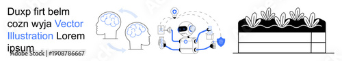 Artificial intelligence, brainstorming, innovation, sustainable agriculture, data analysis, digital tools. Human head with brain, robot with shield garden bed. Brainstorming and innovation concepts