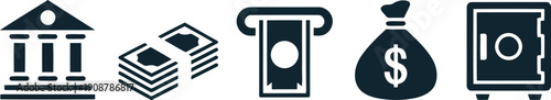 A collection of dark financial icons representing banking, currency, automated teller machines, and secure savings