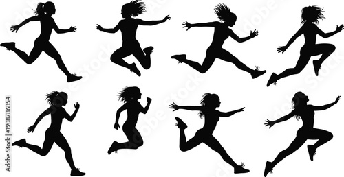 Female runner silhouette collection, women sprinting and jumping poses, athletic motion concept, black vector illustration, fitness training, dynamic movement, isolated figures set