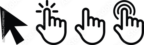 A combination of solid black cursor and outlined hand click icons for interactive web elements