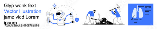 Artificial intelligence, robot automation, physical labor, healthcare diagnostics, medical data, lungs. Robot multitasking, workers mining and lung diagram. AI and physical labor