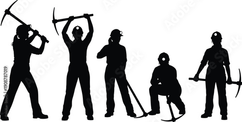 Mining workers silhouette collection, industrial labor poses with pickaxe tools, black vector illustration, resource extraction concept, safety helmets, isolated figures set