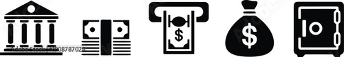 Collection of five black financial icons representing banking, currency, automated teller machines, and secure savings
