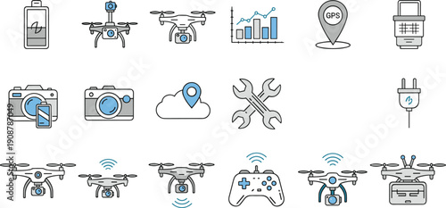Drone technology icon set, modern gadget and device collection, flat outline vector illustration, aerial camera, GPS, battery, wireless control, digital innovation concept