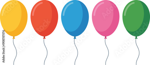 Five brightly colored party balloons arranged in a line against a clean white background