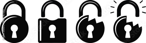 Four black padlock icons demonstrating various states of security, including locked, broken, and open