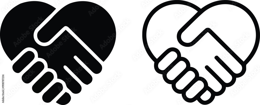 Fototapeta premium Stylized black and white handshake symbols creating a heart form on a clean white canvas