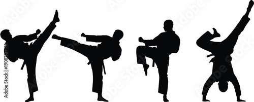 Martial arts silhouette collection, karate and taekwondo action poses, athletic fighters training, black vector illustration, dynamic combat movement, fitness discipline concept