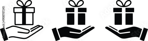 Three black and white graphic hands holding various gift boxes with bows