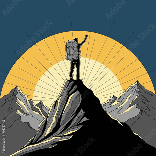 Hiker celebrates on mountain peak at sunrise, achieving success