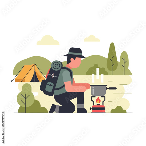 Hiker cooking camping outdoor adventure flat illustration
