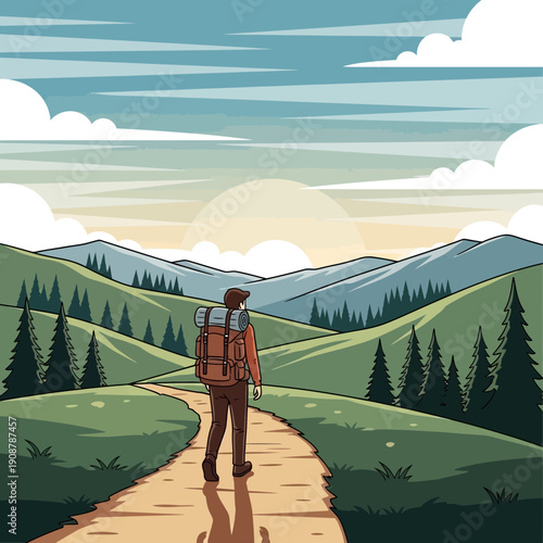 Hiker walks on path through green hills towards mountains at sunrise