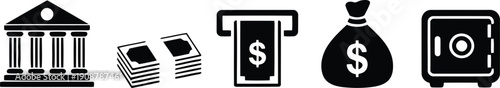 Various essential financial icons in black silhouette featuring a bank, money, ATM, and cash bag
