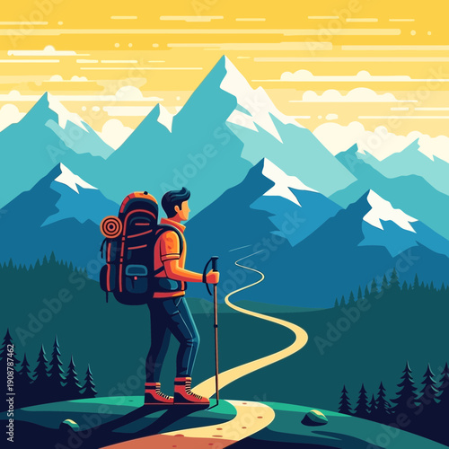 Hiker with backpack and trekking pole on mountain path, scenic landscape