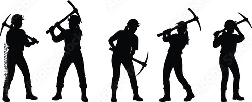 Mining workers silhouettes using pickaxe tools in different poses, underground labor concept, industrial profession illustration, strong teamwork theme, black vector characters isolated on white 