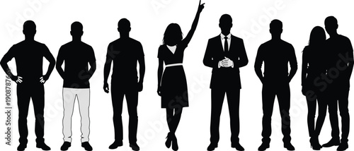 Business people silhouette lineup, diverse team standing together with confident leader raising hand, teamwork concept, corporate workforce, leadership, unity, professional group, isolated vector 