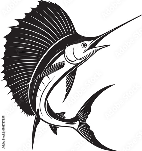Sailfish Fish (Sport Fishing) Hand-drawn Sketch Drawing Vector Illustration, Line Linear Symbol Engraving for Coloring Book, Black and White, Isolated