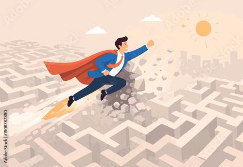  Breakthrough obstacle or problem with creativity, leadership determination to overcome difficulty and progress success concept, businessman superhero flying breakthrough difficult maze labyrinth.