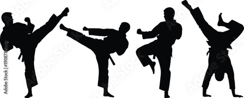 Martial arts fighter silhouette vector set, dynamic karate and taekwondo poses for sports branding, fitness posters, self defense concepts, training graphics, minimalist black illustration