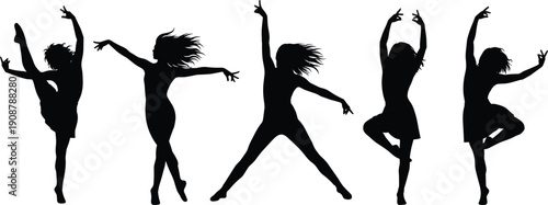 Dancing women silhouette vector set, expressive female poses for fitness, ballet, yoga and performance concepts, modern art illustration, posters, branding, minimalist black figures