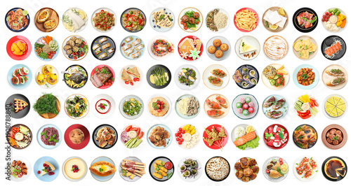 Fotografie Big collection of different dishes isolated on white, top view